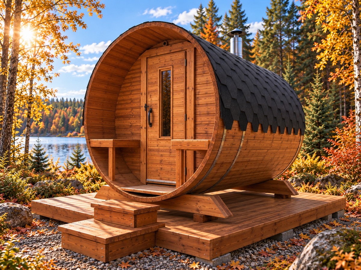 Sauna Beczka 2 m z tarasem — sauna beczka 2,0 m + taras 0,5 m