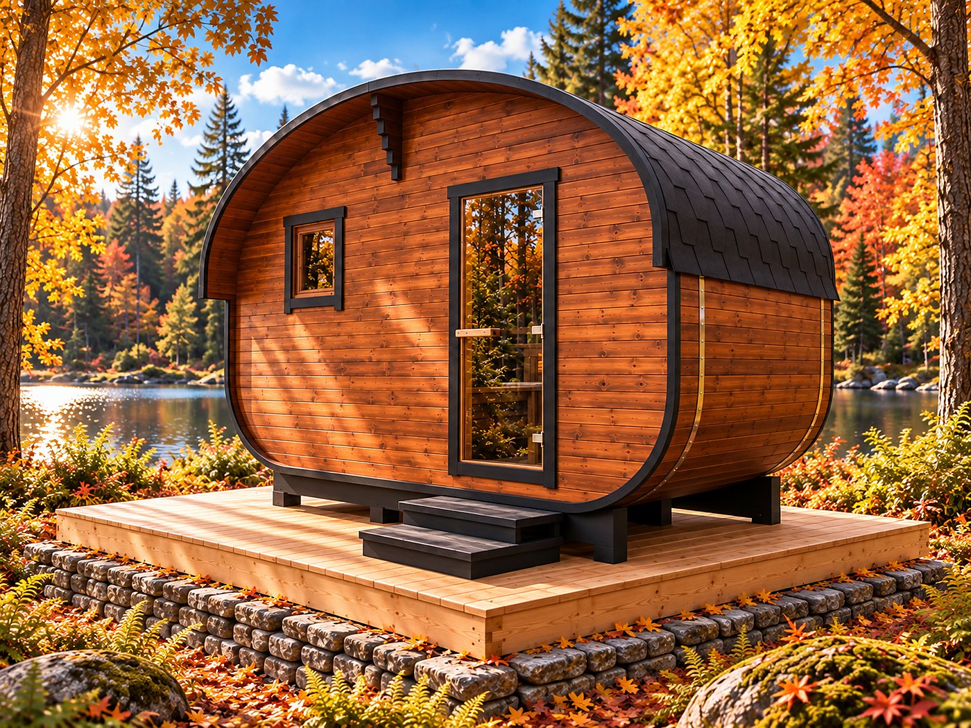 Sauna Quadro Owal 4×2 m — sauna beczka 4,1 × 2,4 m